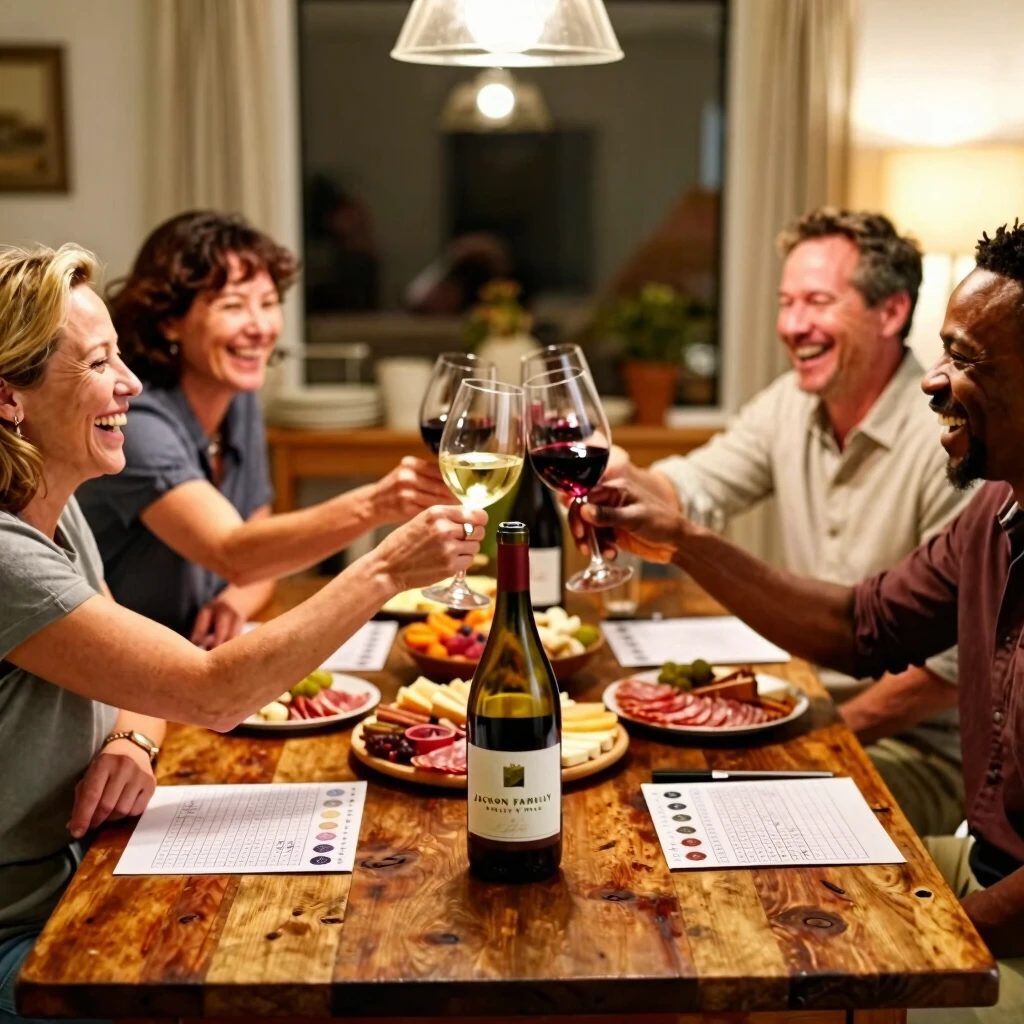 Friends gathered around a table for a wine tasting